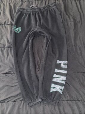 PINK Victoria's Secret Black Sweatpants with Green Logo Football M